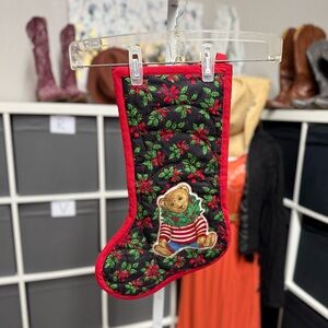 Vintage Teddy Bear Embroidered Patch and Holly Christmas Stocking